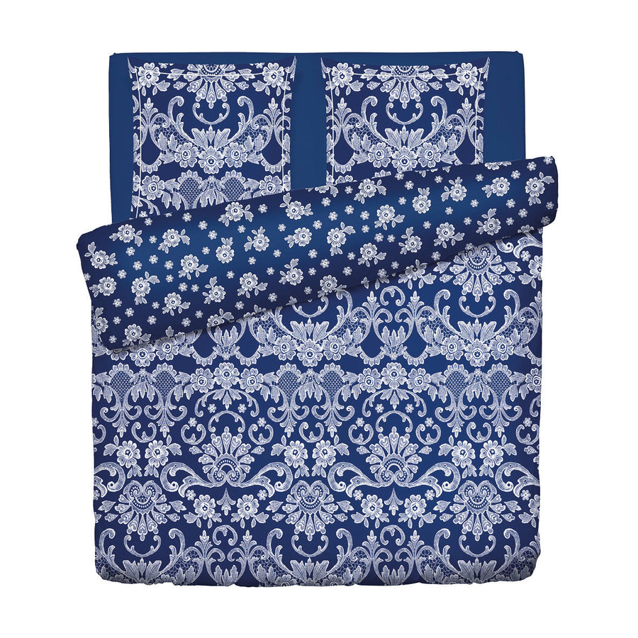 Housse de couette + taie(s) d'oreiller satin de coton - Passementerie bleu