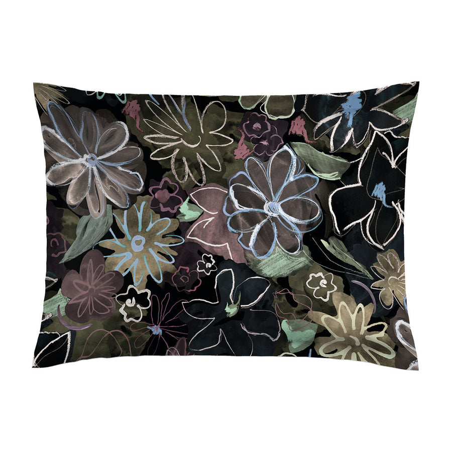 Taie d'oreiller satin de coton - Fleurs pastel Noir