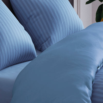 Taie(s) d'oreiller en satin de coton - Rayure tissé bleu