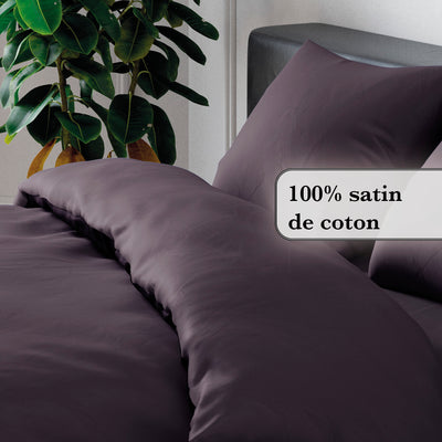 Housse de couette + taie(s) satin de coton - Uni prune