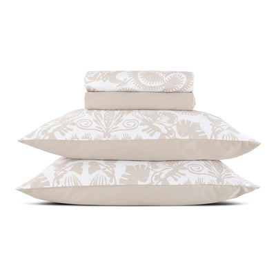 Sheet set: fitted sheet, flat sheet, pillowcase(s) in cotton satin - design: Love Stories Taupe