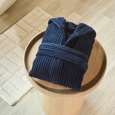 Hooded bathrobe - Rayures tissées Jacquard Dark blue