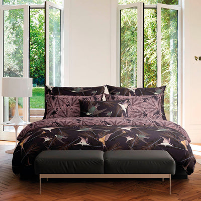 Housse de couette + taie(s) d'oreiller satin de coton - Hirondelles Prune