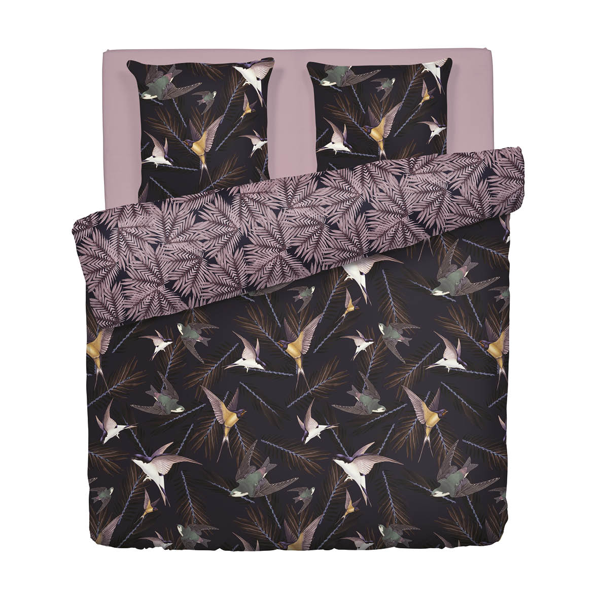 Housse de couette + taie(s) d'oreiller satin de coton - Hirondelles Prune