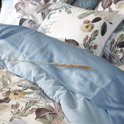 Housse de couette + taie(s) d'oreiller satin de coton - Garden bleu clair