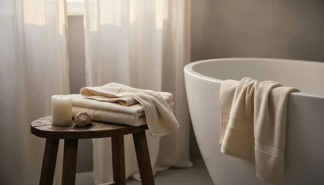 Un drap de bain haut de gamme soigneusement posé sur un tabouret apporte une touche d’élégance à la salle de bain.