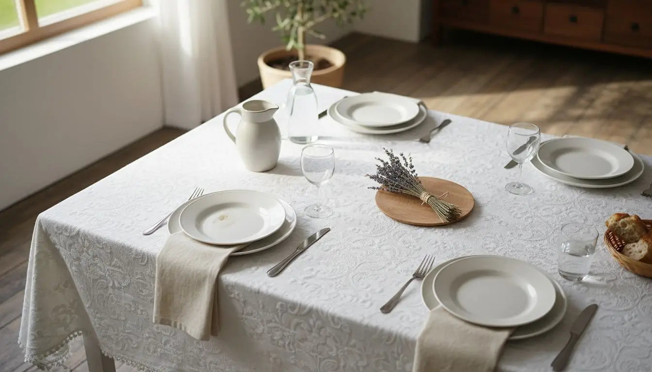 Nappe finement brodée, mise en valeur par un élégant bouquet de fleurs au centre de la table.
