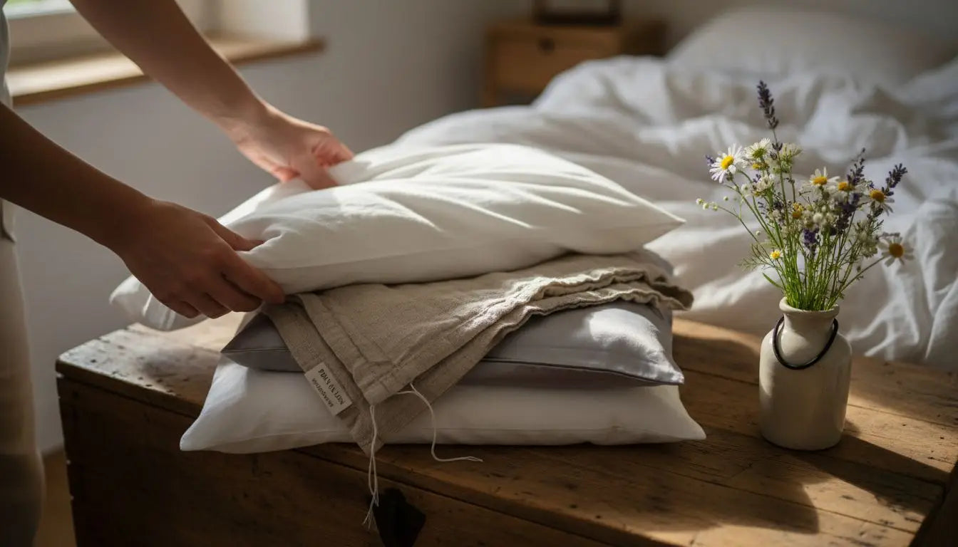 Des mains qui disposent soigneusement des housses de coussin en coton et en lin.