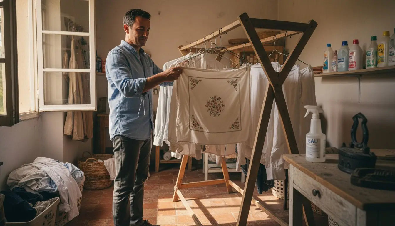 Étendre des taies d’oreiller délicates sur un séchoir en bois pour les laisser sécher à l’air libre.