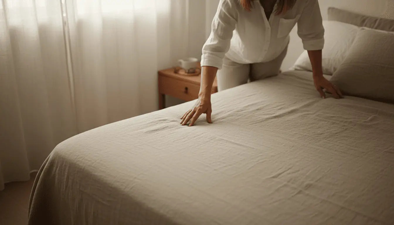 Une femme effleure un linge à la texture particulière dans une chambre minimaliste.