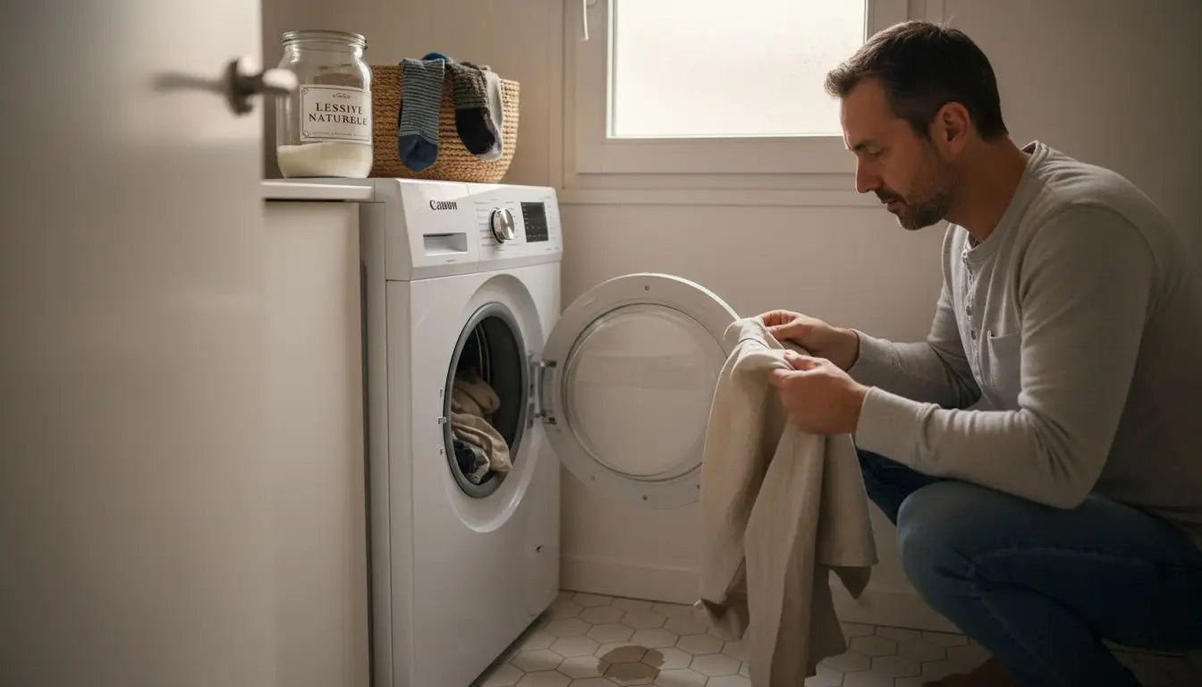 Un homme trie son linge pour un prêt-à-laver tout en douceur à la maison.