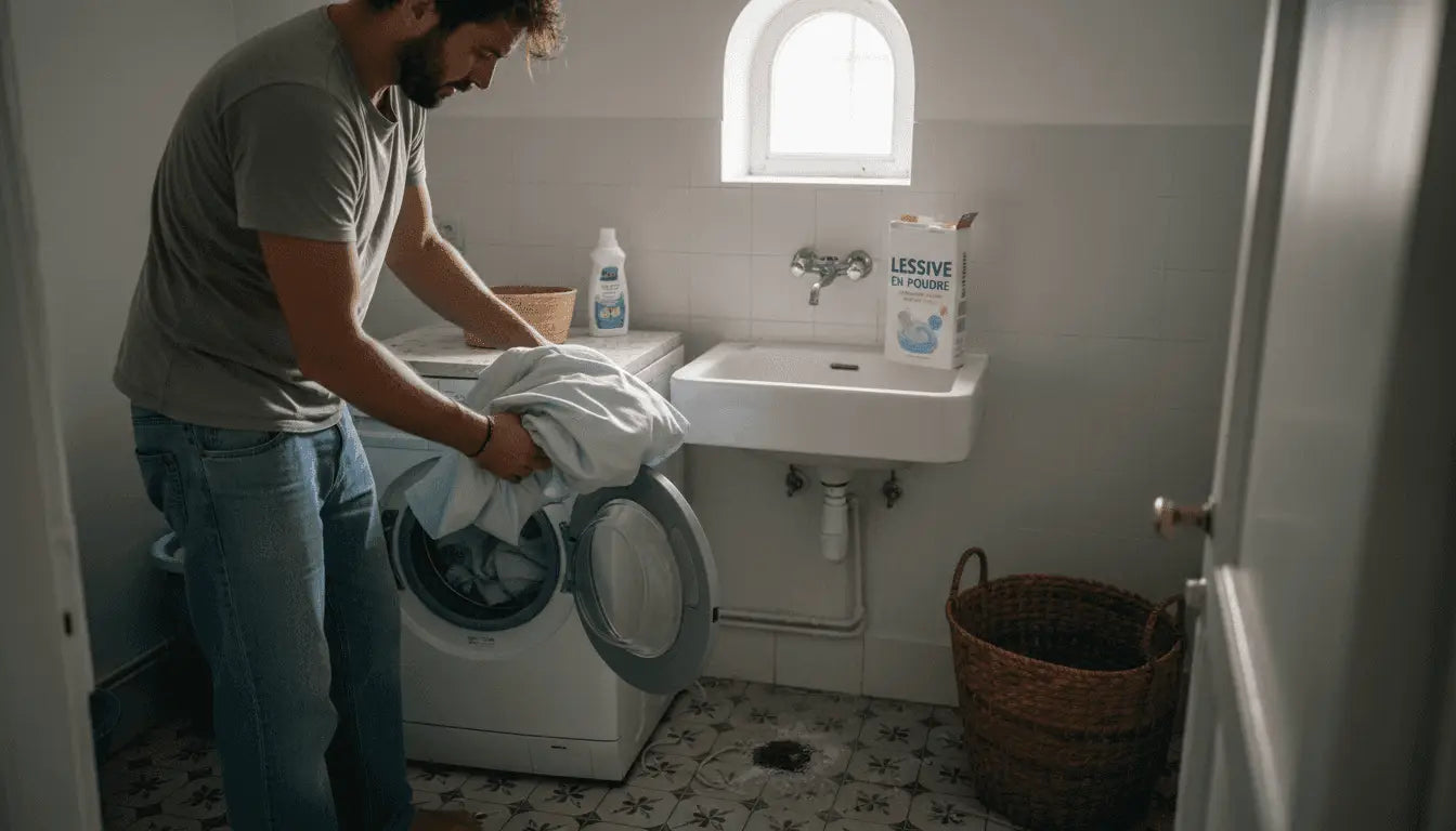 Un homme s’occupe de laver son linge en satin de coton dans la buanderie.