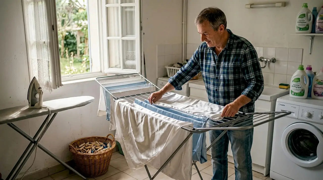 Un homme étend soigneusement son linge en satin à plat pour le faire sécher.