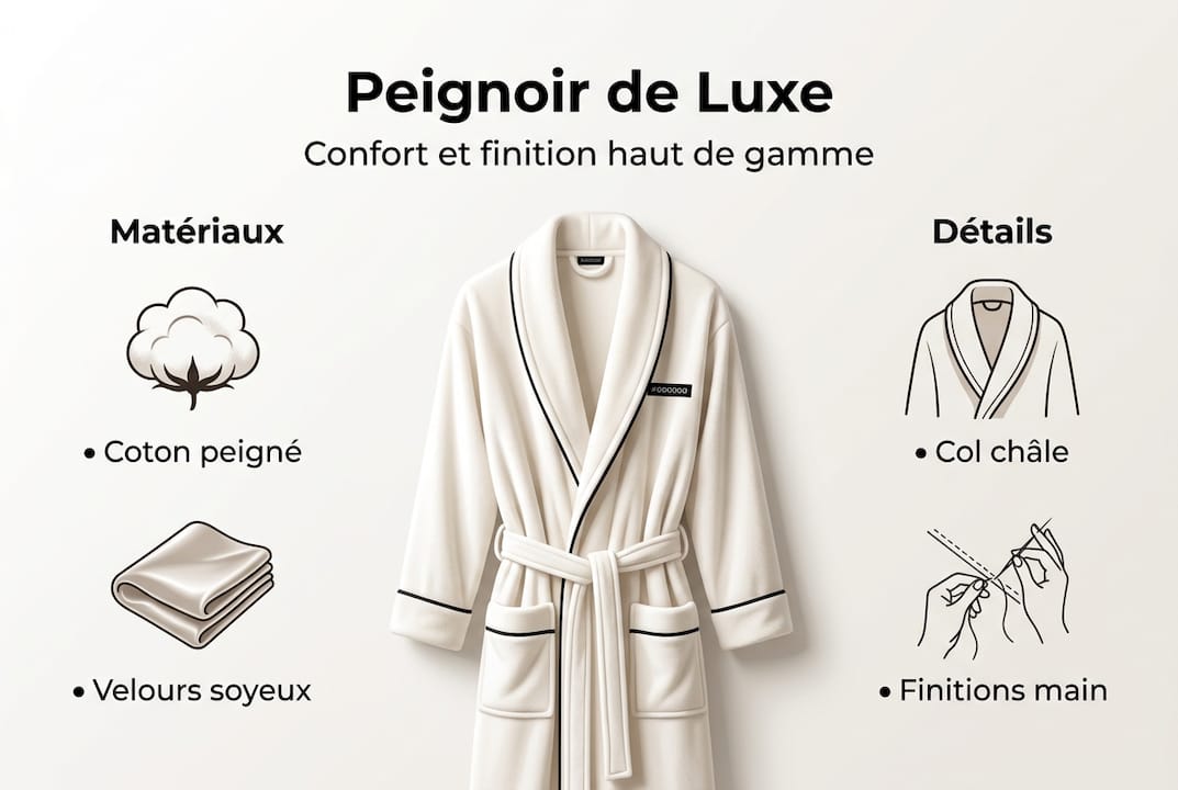 Découvrez en un clin d’œil les matières et les spécificités d’un peignoir haut de gamme grâce à notre infographie.