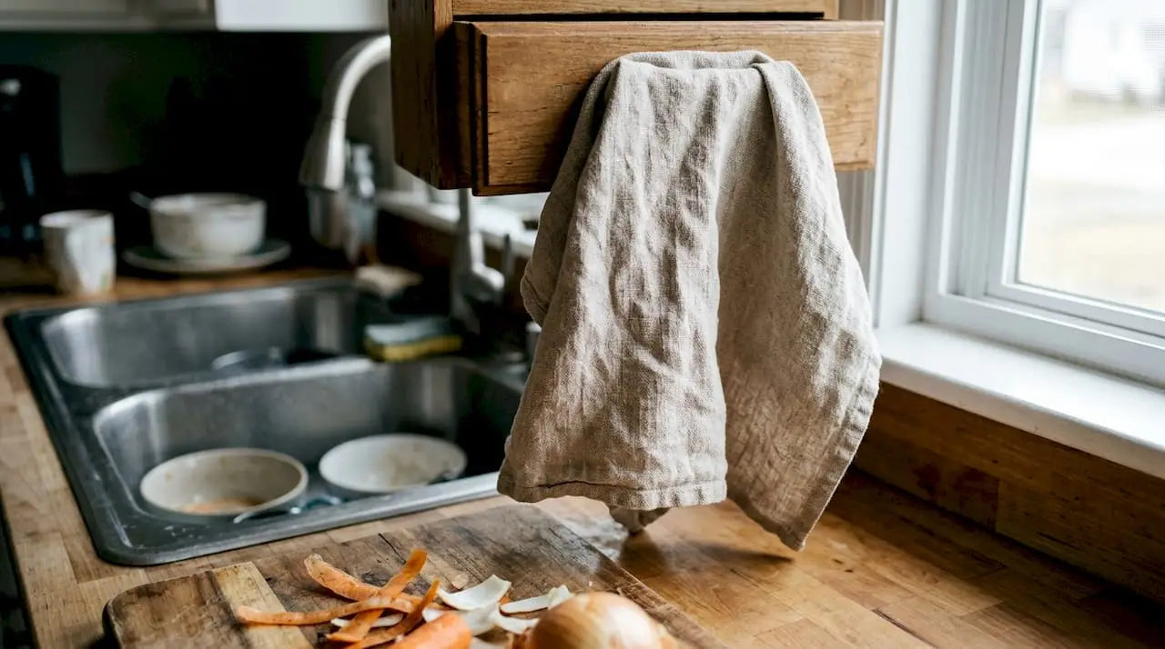 Un torchon en lin suspendu à la poignée d’un placard de cuisine