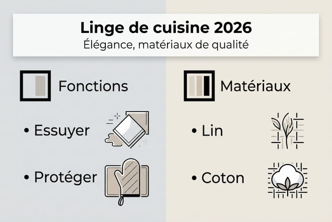 Découvrez en un coup d’œil les différents usages et matières des torchons et linges de cuisine grâce à notre infographie pratique.