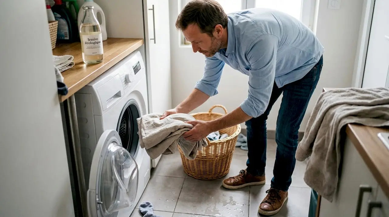 Un homme met ses serviettes dans la machine à laver.