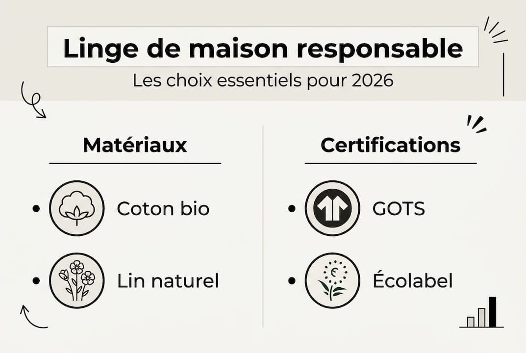 Infographie : comment choisir du linge de maison écoresponsable ? Focus sur les matériaux durables et les labels à privilégier.