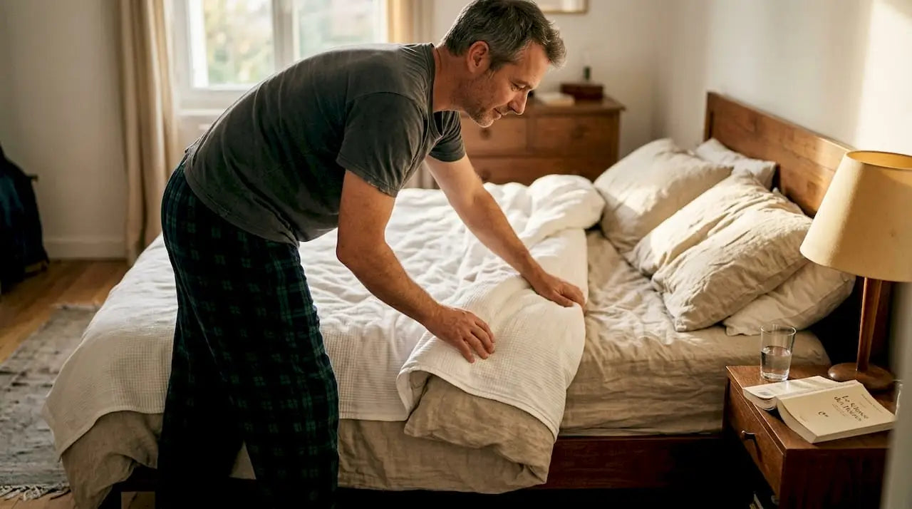Un homme dispose une couette en coton sur un drap-housse en lin.