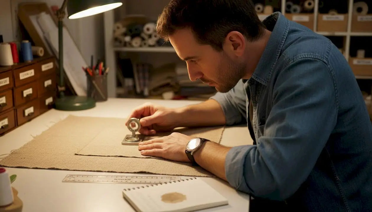 Un homme examine de près la texture d’un tissu à l’aide d’une loupe.