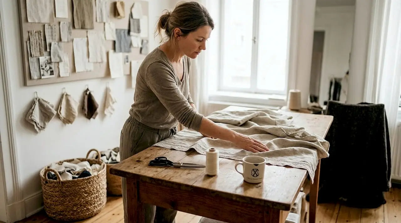 Un artisan examine avec soin la qualité du lin et la finesse des finitions.