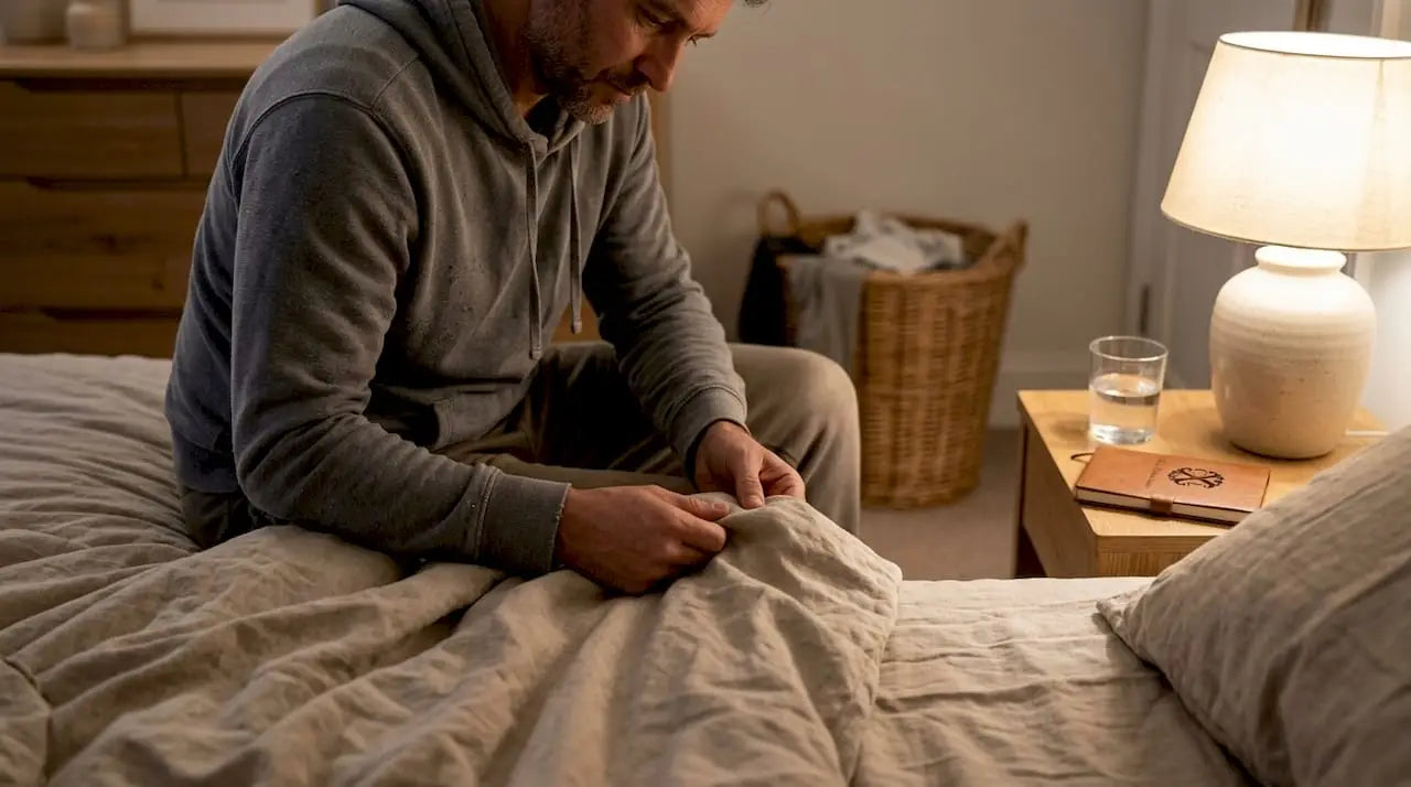 Un homme examine la qualité du linge de lit en lin dans une chambre parentale.