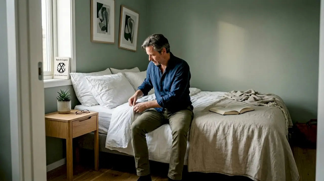 Un homme remet en place avec soin une parure de lit haut de gamme.