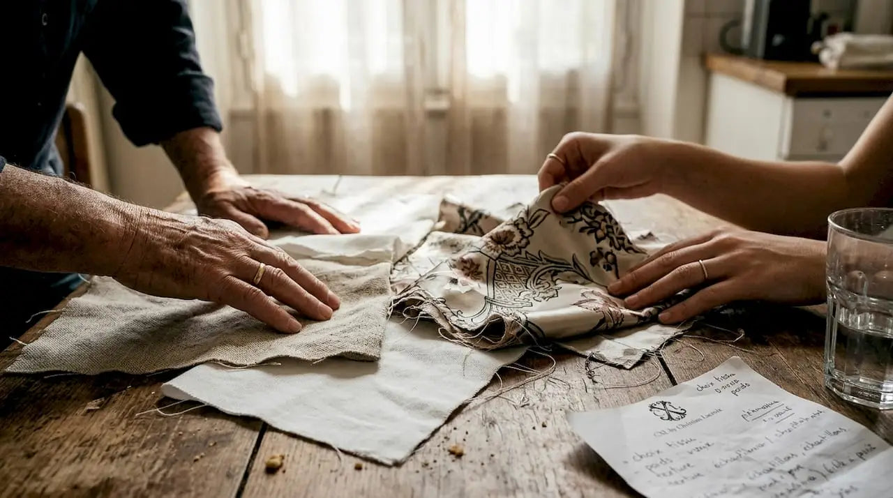 Des mains effleurent des échantillons de tissus pour le linge de lit.