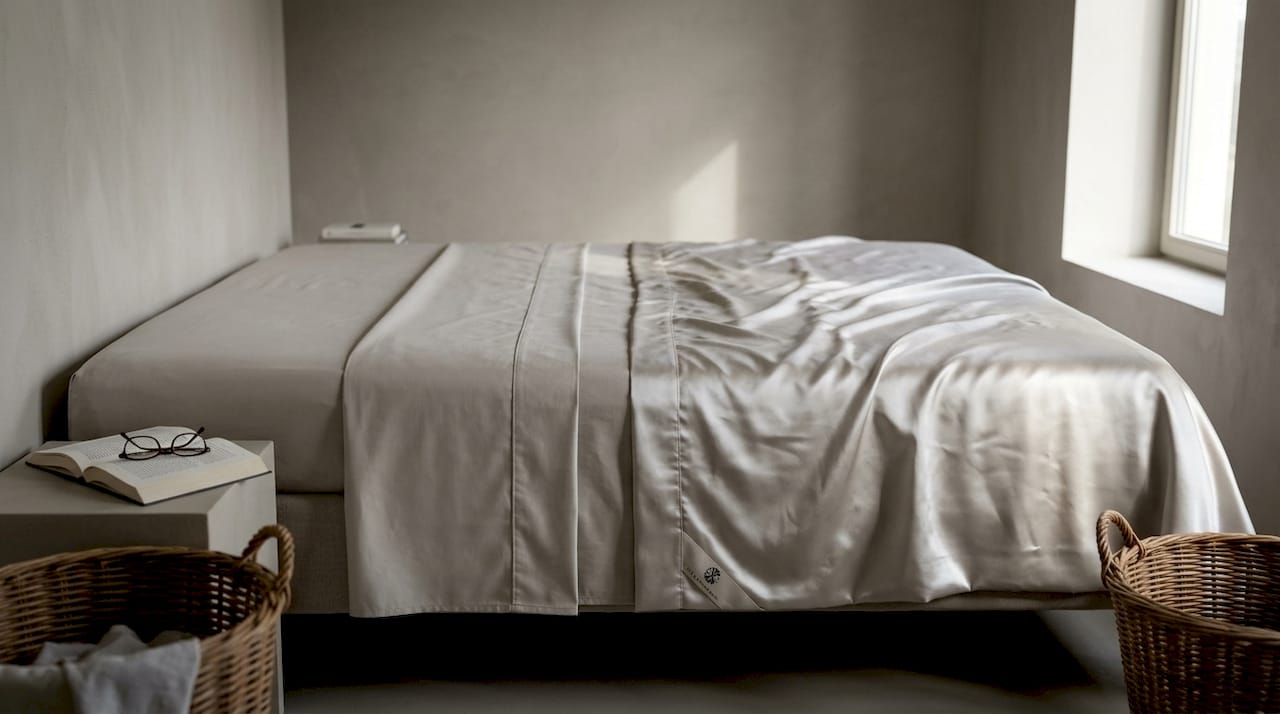 Un lit double habillé de percale au fini mat et de satin à l’éclat raffiné