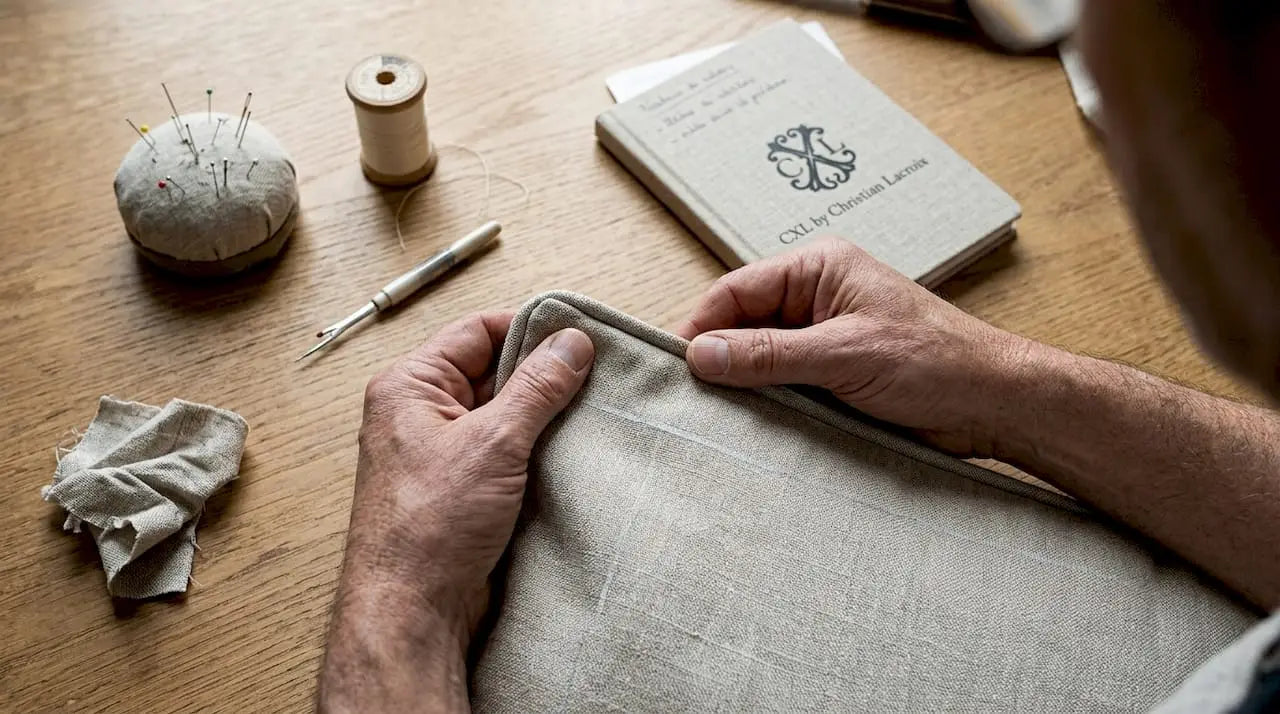 Inspection minutieuse des coutures d’un coussin à la main pour en vérifier la qualité.