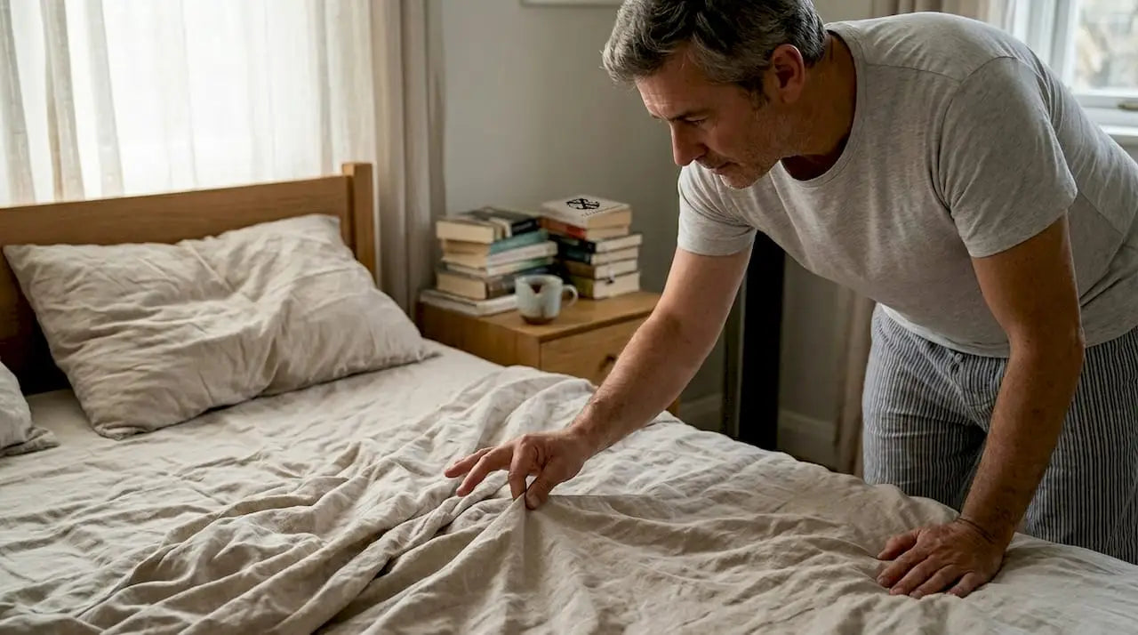 La main effleure le drap de lin posé sur le lit.