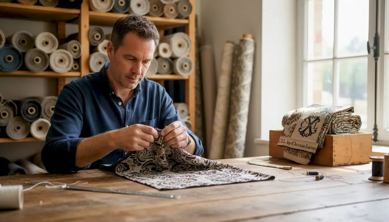Dans son atelier, un artisan examine avec soin un tissu jacquard pour en vérifier la qualité.