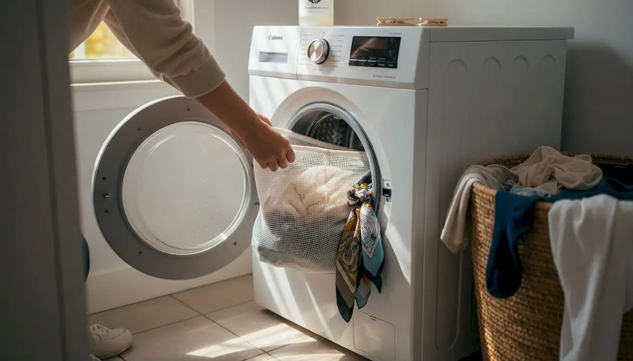 Je place le linge délicat dans un filet de lavage avant de le mettre dans la machine.