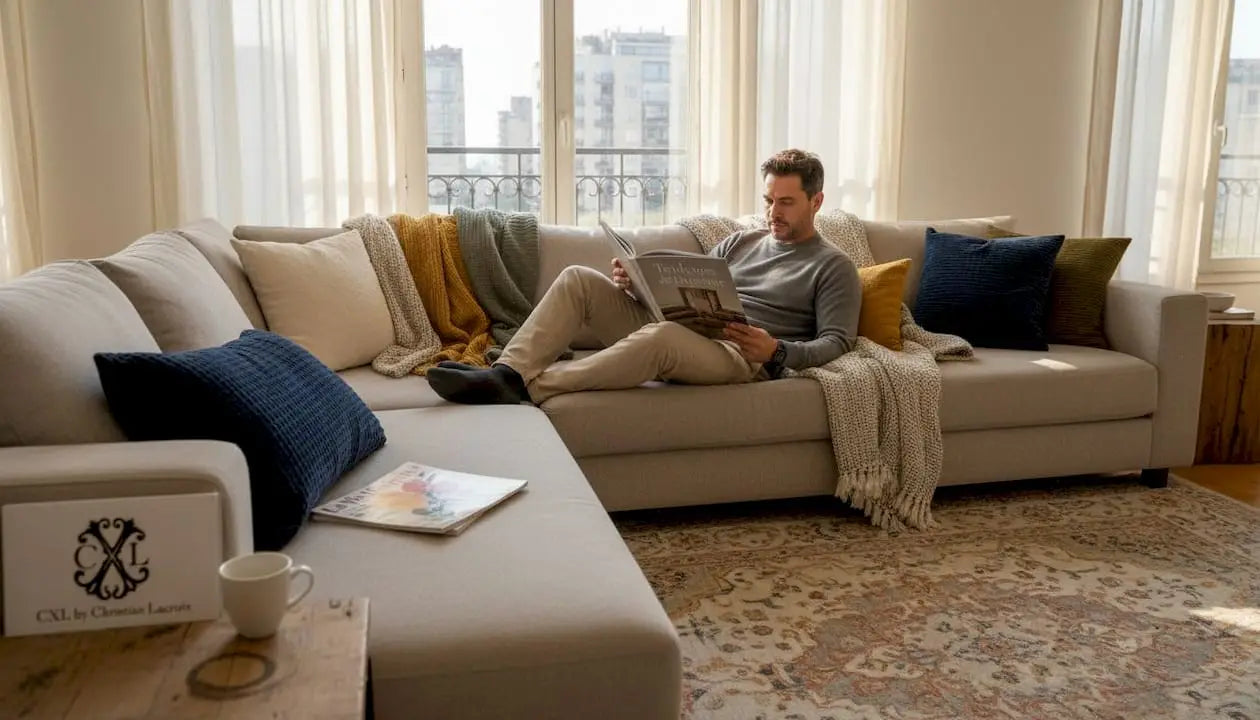 Des superpositions de textiles et des plaids douillets pour apporter une touche cosy à l’espace détente.