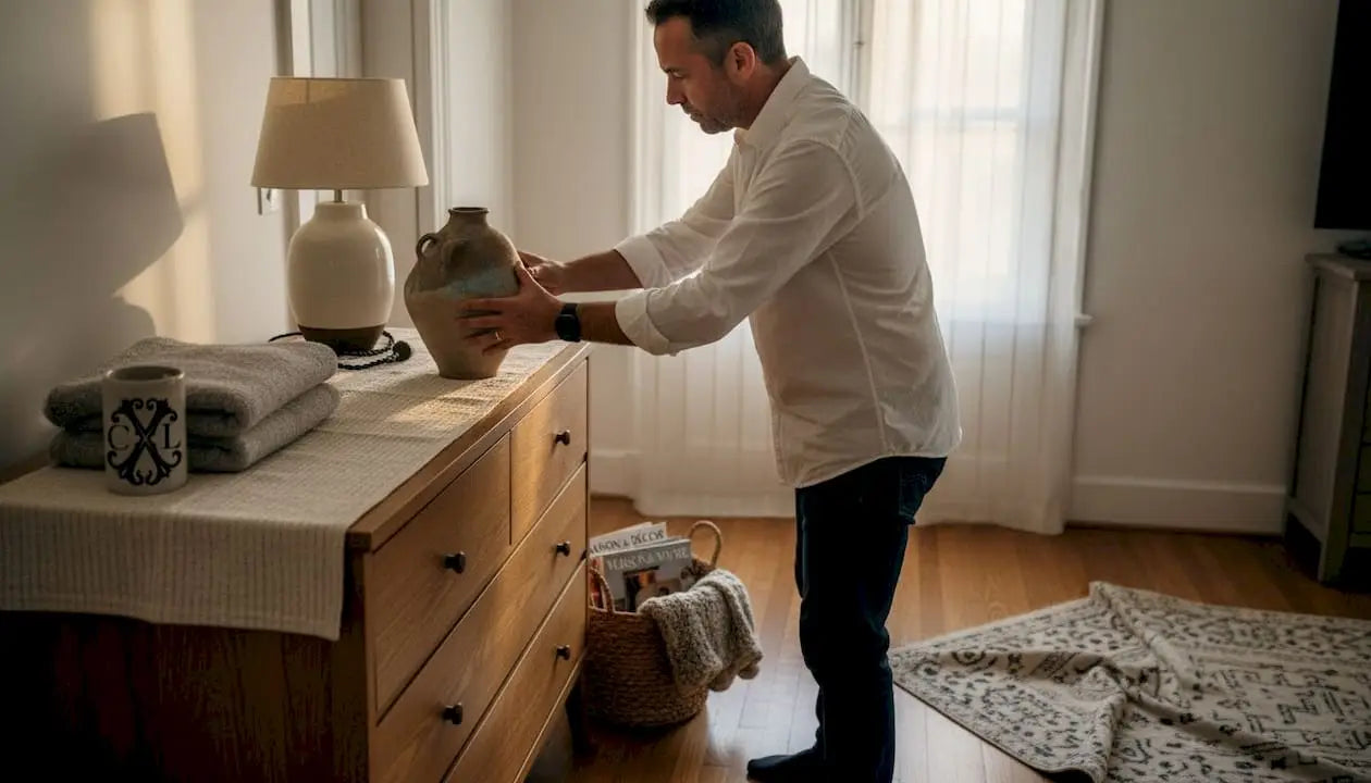 Dans une chambre où les matières naturelles sont à l’honneur, des objets de décoration artisanaux trouvent parfaitement leur place, créant une ambiance chaleureuse et authentique.