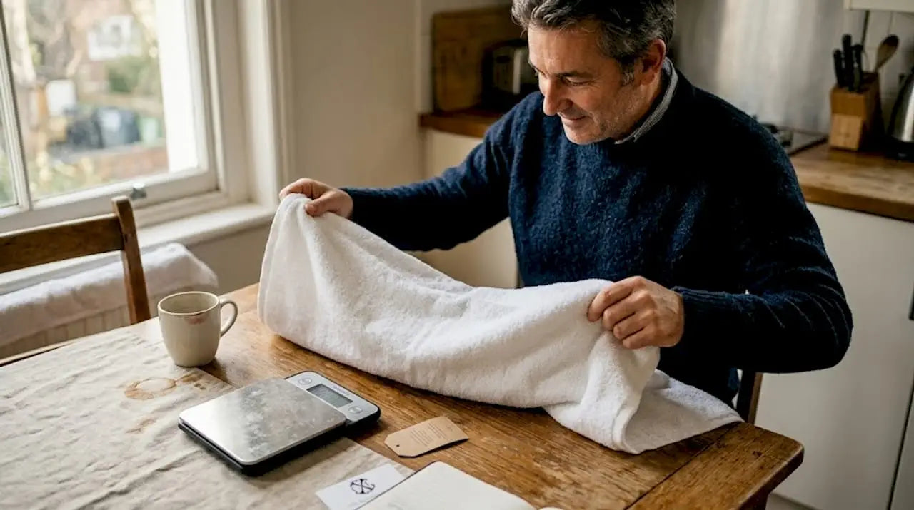 Un homme vérifie l’épaisseur d’une serviette de bain