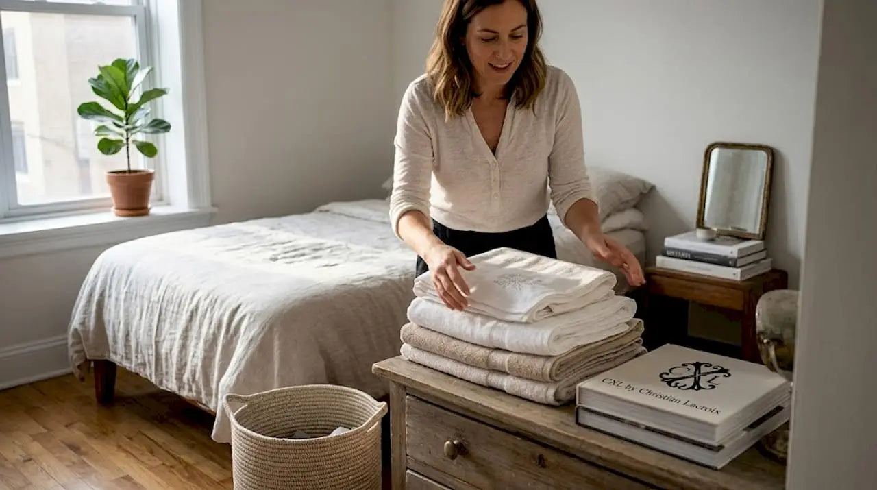 Une personne dispose avec soin des serviettes de bain haut de gamme dans une chambre élégante.