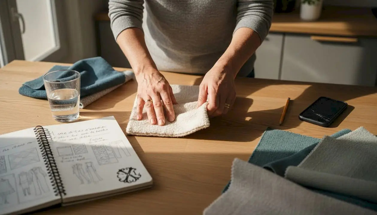 Des mains effleurent un échantillon de tissu écologique, appréciant la douceur et la qualité de cette matière responsable.