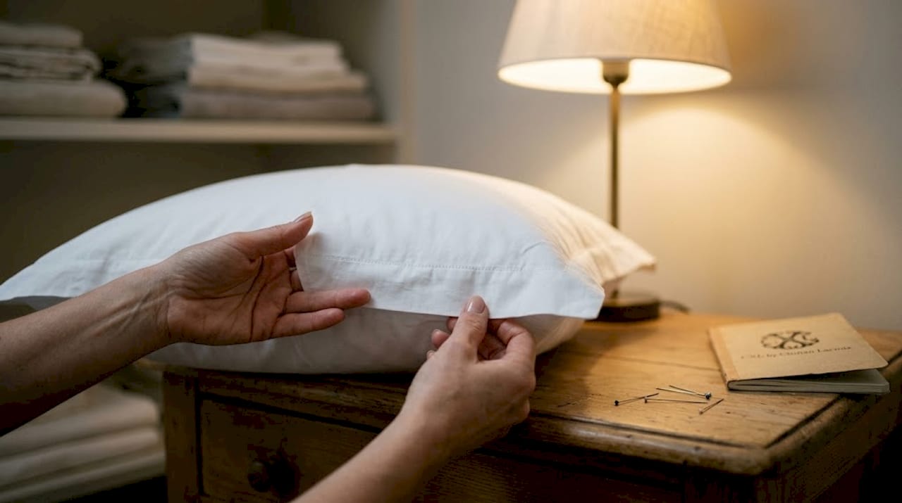 Des mains expertes vérifient minutieusement les finitions d’un linge de lit haut de gamme.