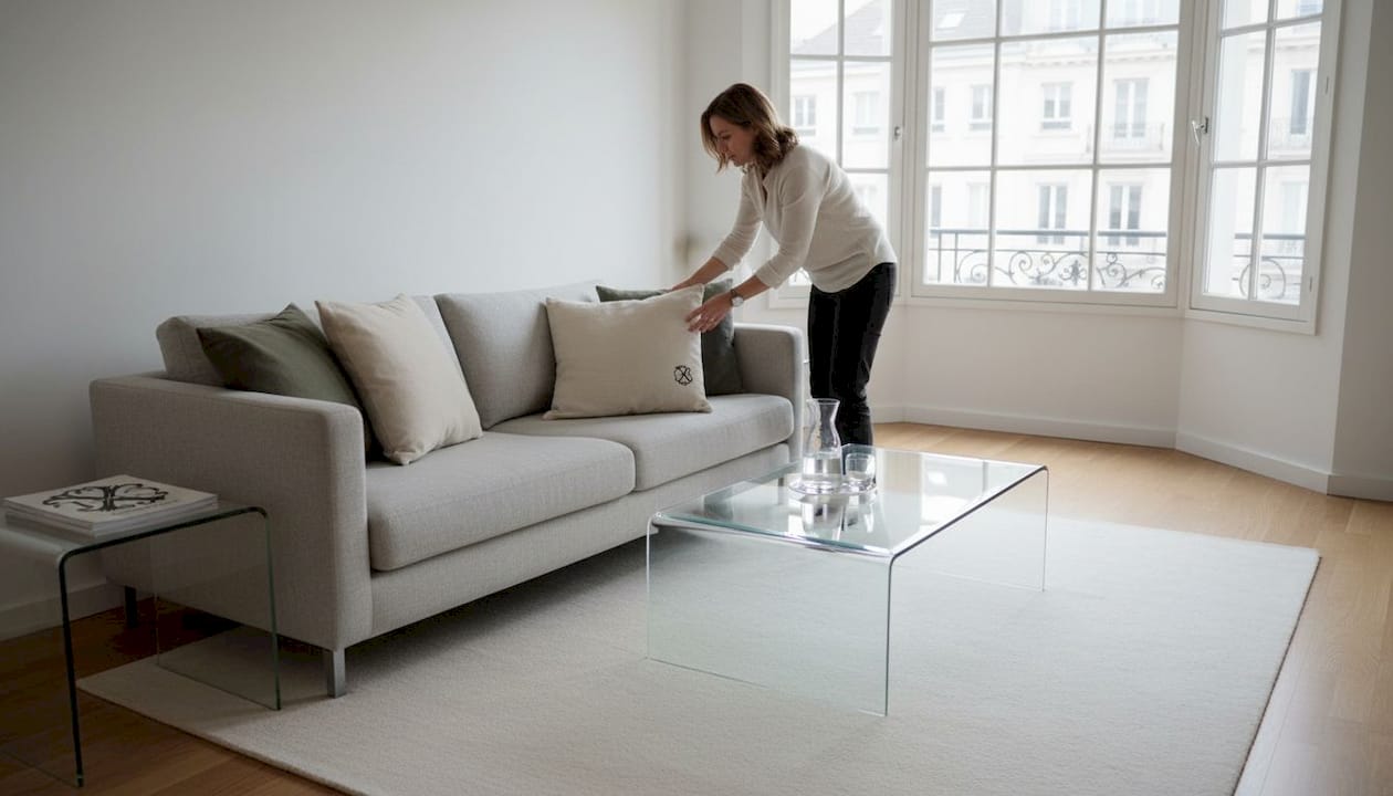Dans un salon au style épuré, une femme dispose soigneusement des coussins en linge contemporain sur le canapé.