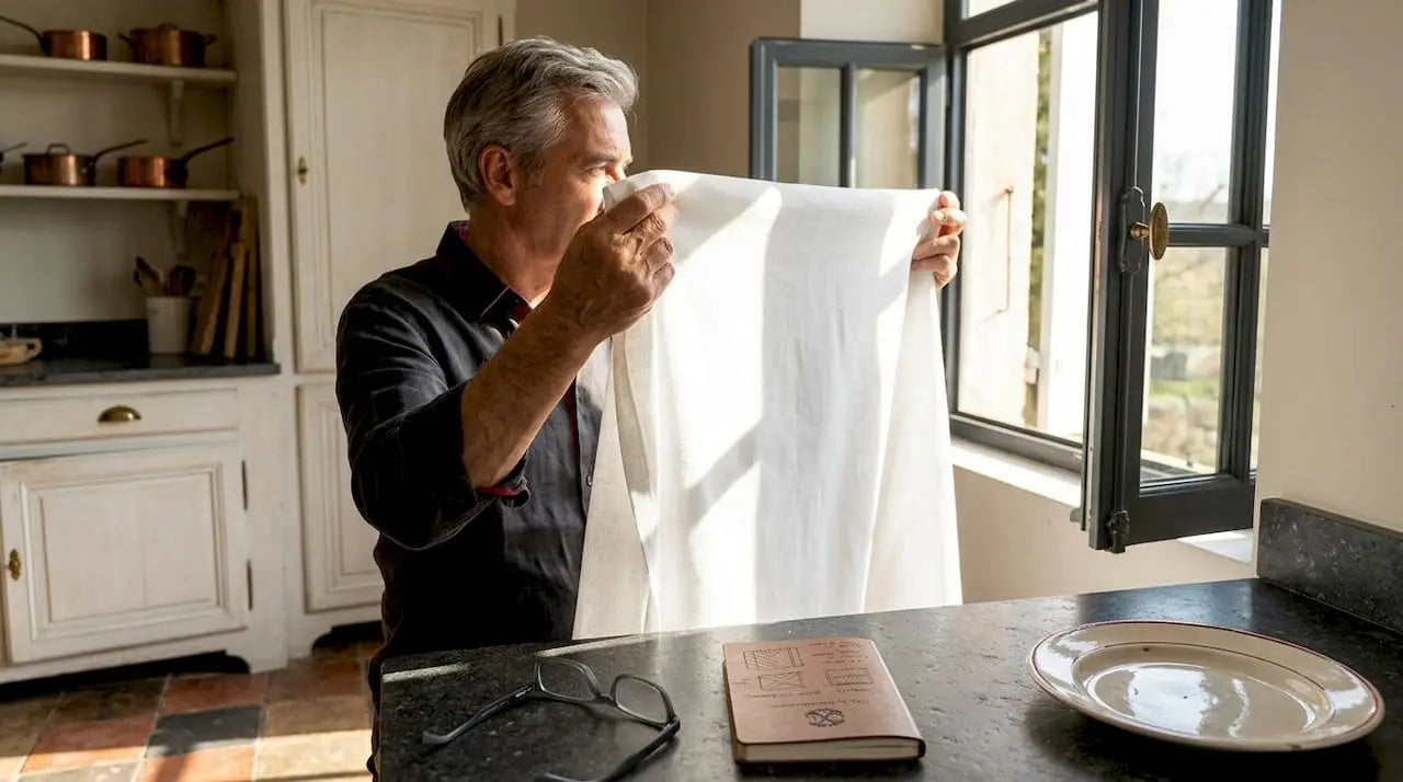 Un homme examine la densité d’un tissu en le tenant face à la lumière.