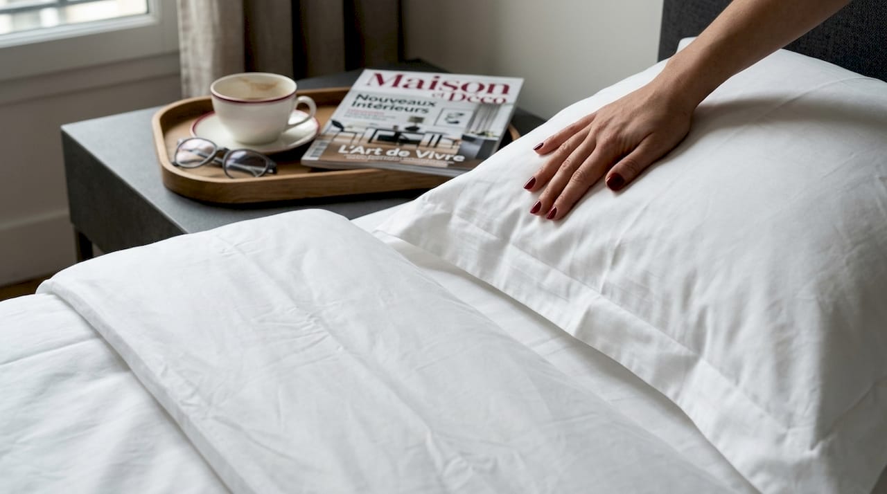 Des mains ajustent délicatement les draps haut de gamme, juste à côté d'un plateau posé près du lit.