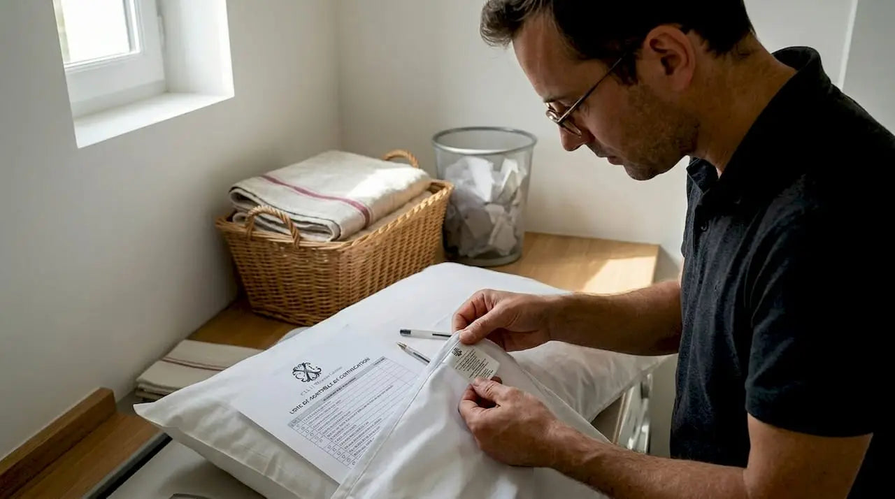 Un homme examine l’étiquette de certification sur un linge pour s’assurer de sa qualité.