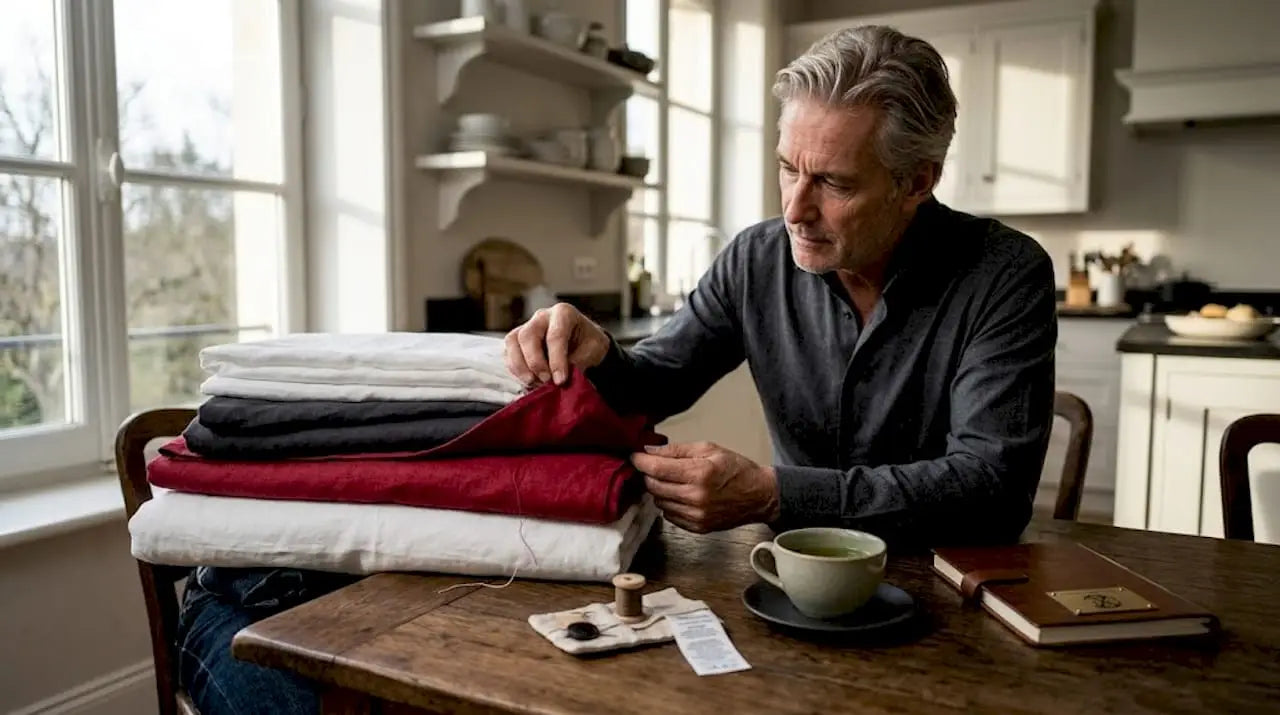 Un homme en train de choisir des tissus pour son linge de lit