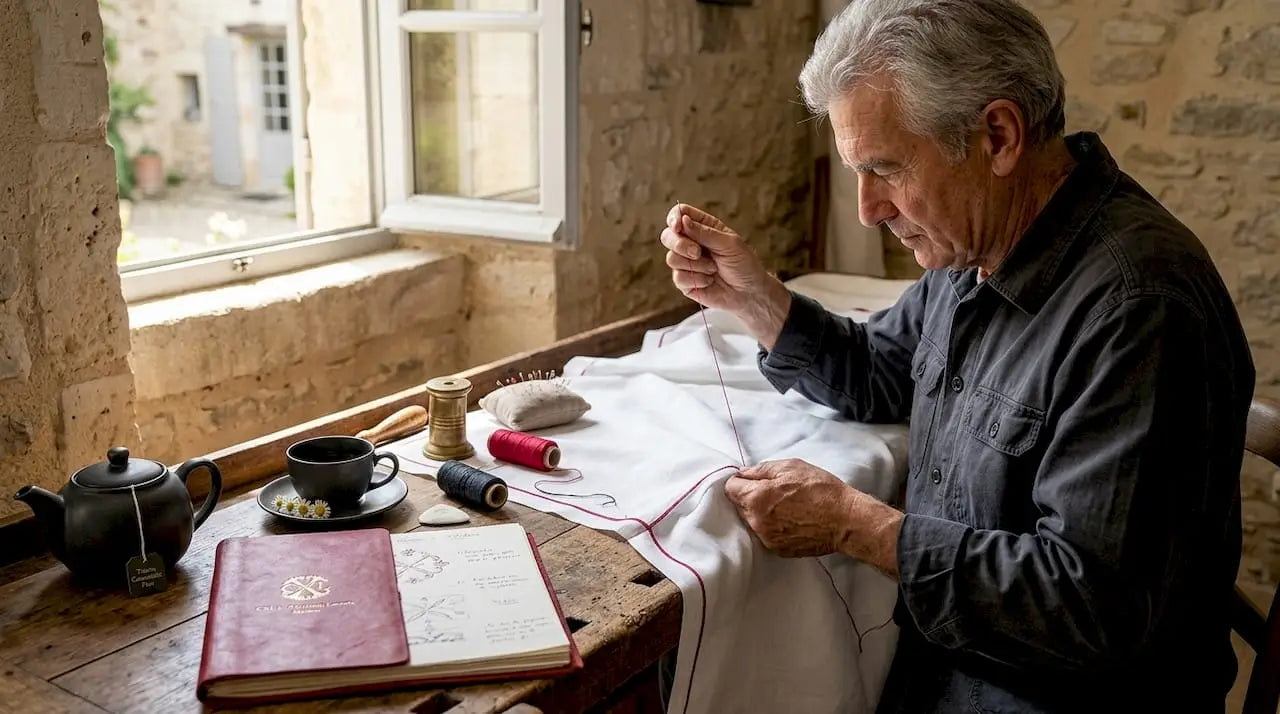 Dans un atelier baigné de lumière, un artisan façonne le lin avec passion et savoir-faire.