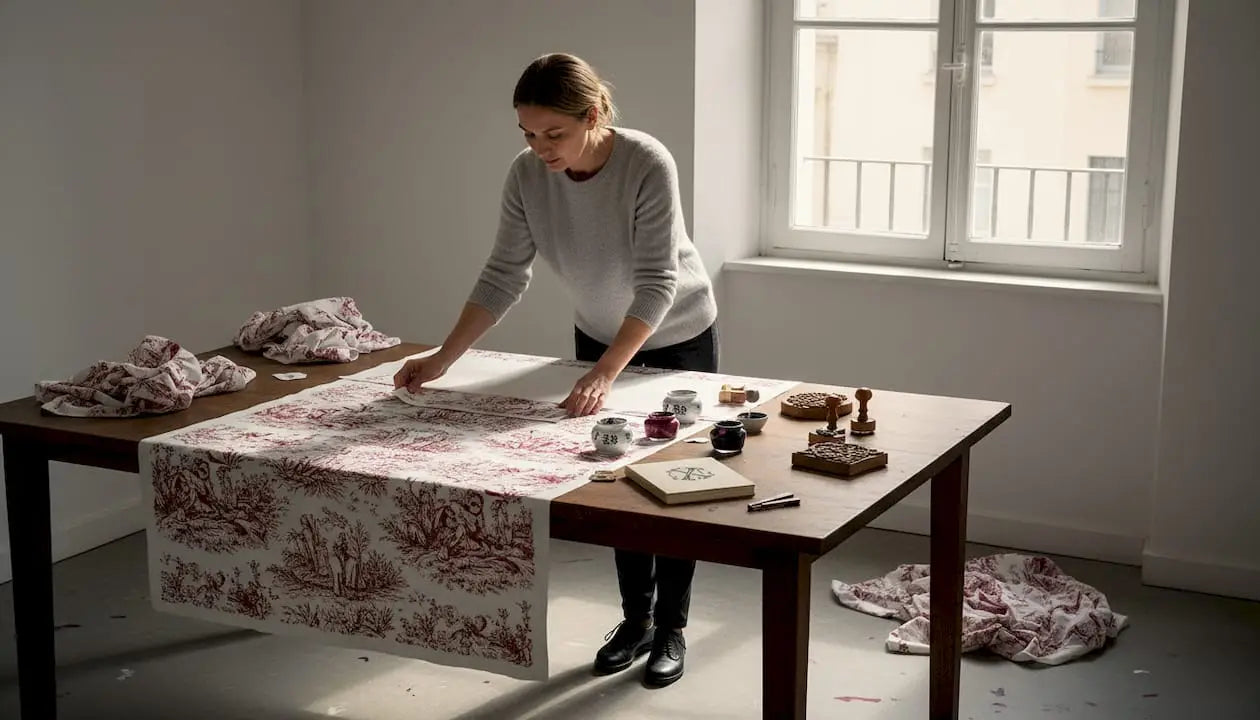 Une femme observe attentivement les motifs d'une toile de Jouy, cherchant à en comprendre la finesse et les détails.