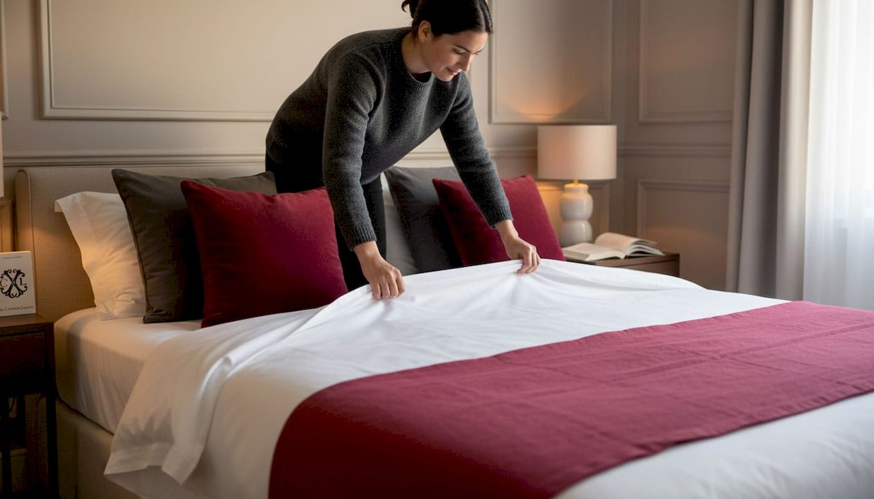 Déplier avec soin de beaux draps sur un lit raffiné, en lissant chaque pli pour une touche d’élégance.
