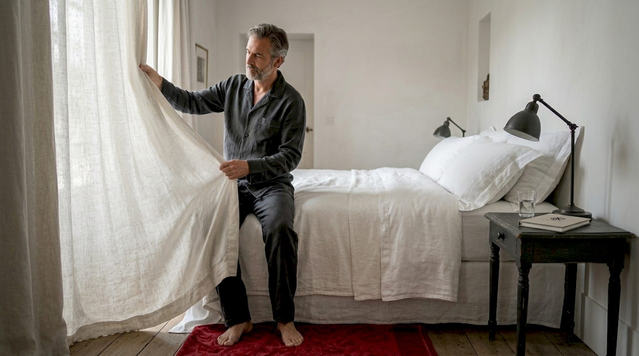 Un homme ajuste un rideau en lin dans une chambre