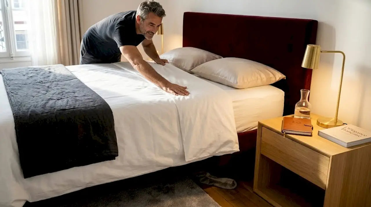 Un homme renouvelle les draps en percale dans une chambre chaleureuse et douillette.