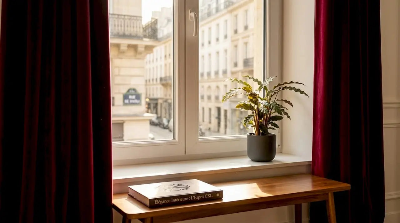 De lourds rideaux en velours habillent la fenêtre de l’appartement, apportant une touche d’élégance et d’intimité.